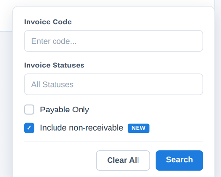 Invoice filter panel with the Include non-receivable checkbox ticked