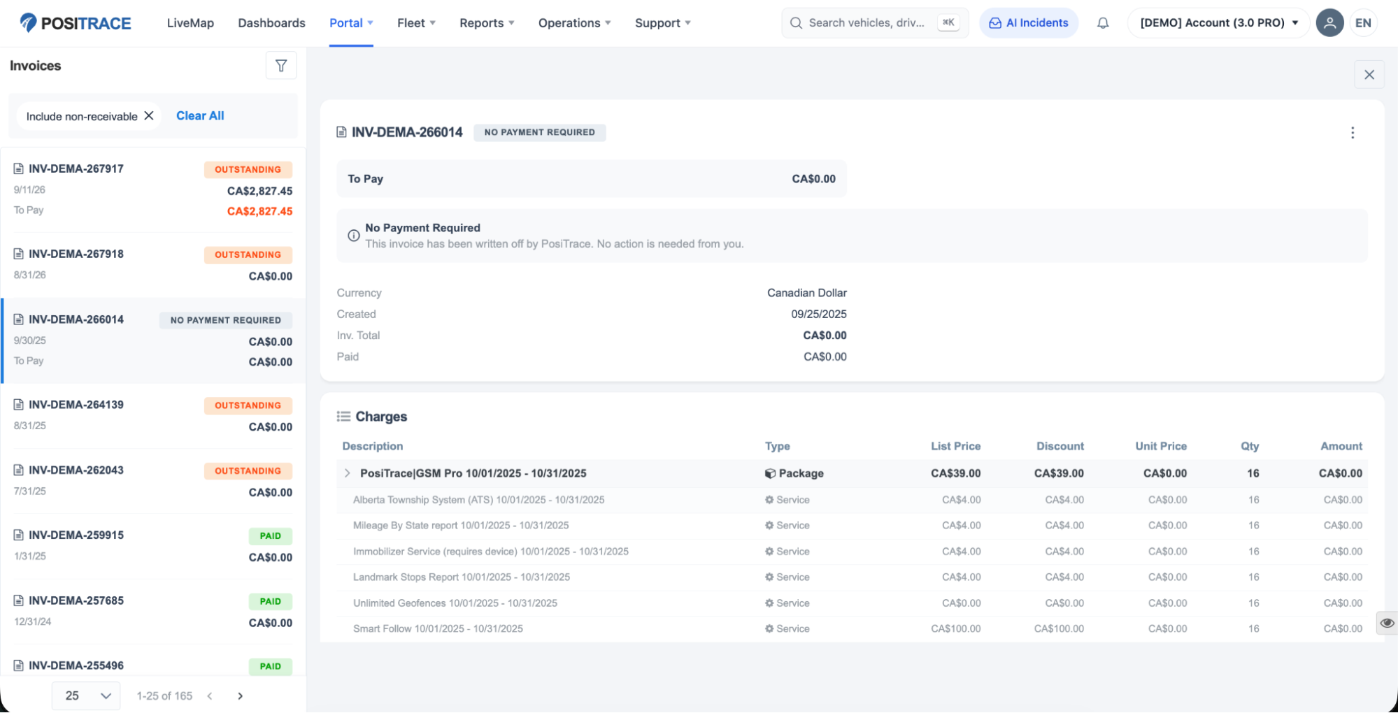 Invoice detail page showing No Payment Required, To Pay 0.00 and the written-off explanation note